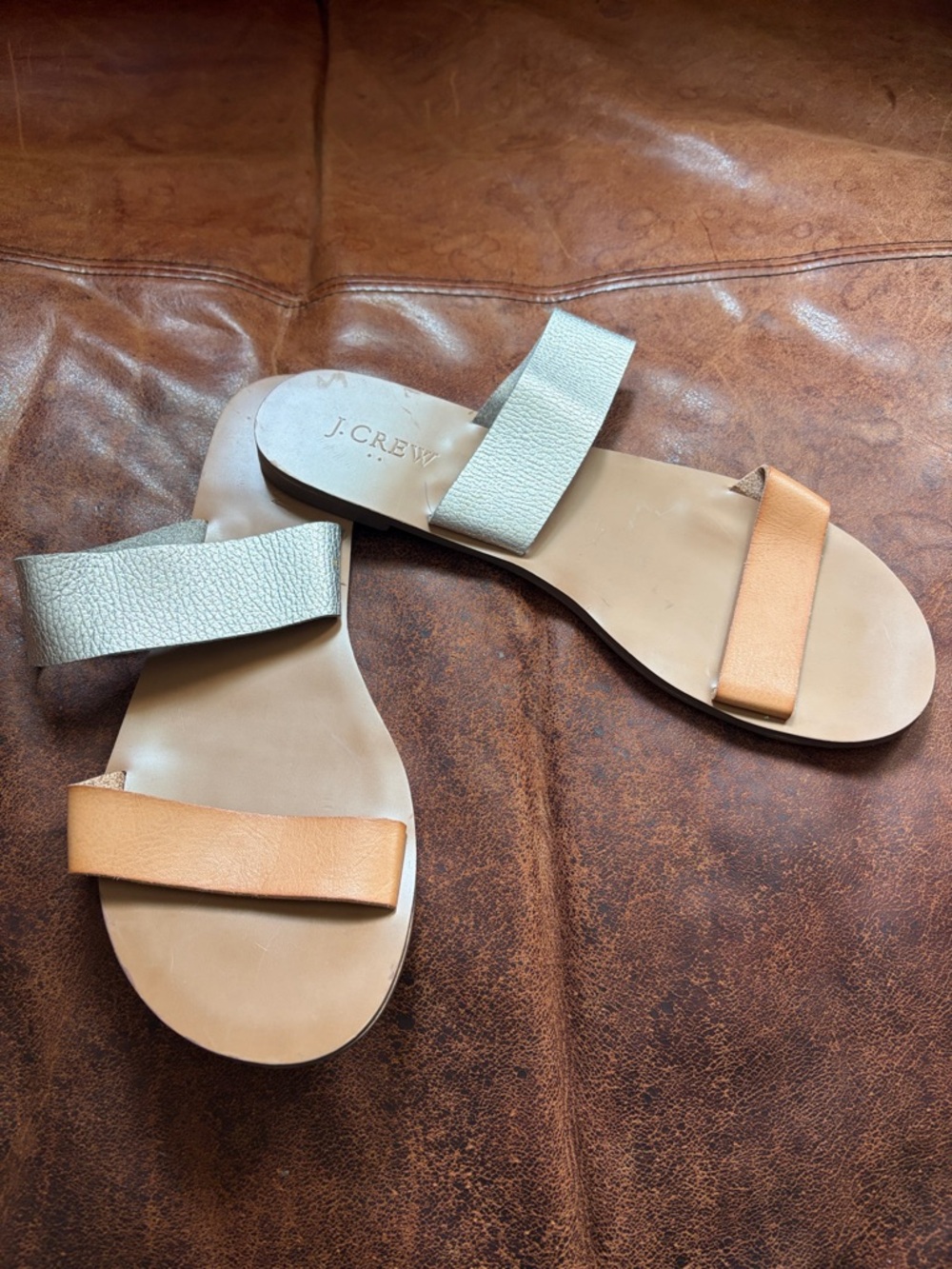 J. Crew Leather Slide Sandals Size 8 Silver & Brown